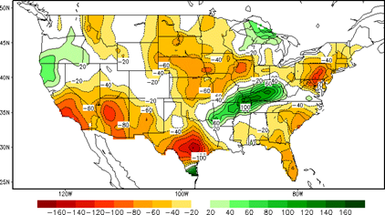 U.S. map of temperature anomalies using a color gradient: red/orange for warmer, green for cooler. Contour lines show specific deviations in °F. Scale ranges from -160 to 160.